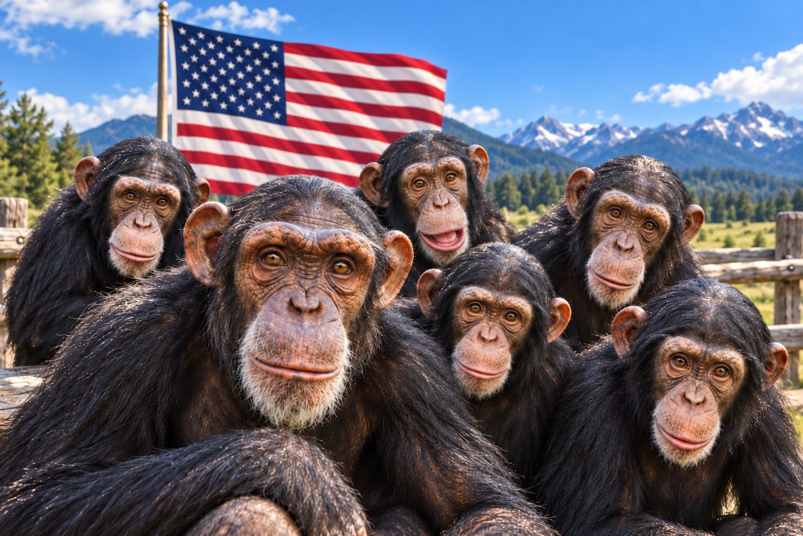 Chimpanzees in front of an American flag